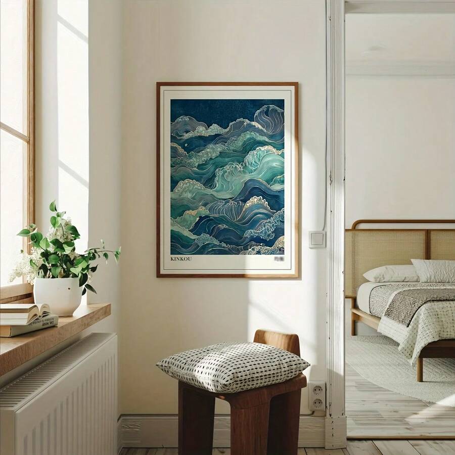 1幅无框日式海浪帆布海报,现代浮世绘风格海浪艺术,饰以金箔,适用于客厅、浴室装饰的墙面艺术和海报 - A - 查看 1