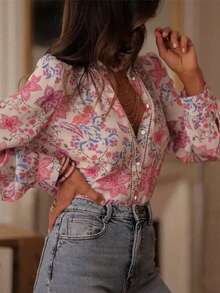 Áo sơ mi nữ in hoa mùa xuân/hè, kiểu dáng thanh lịch, rộng rãi, tay dài, cổ đứng, thích hợp mặc hàng ngày, đi làm, đi nghỉ mát, chất liệu nhẹ, thoải mái, màu hồng. - Hồng - Xem 2