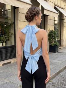 Womens Summer Halter Tank Tops Fashionable Solid Color/Dot Print Backless Going Out Vest - Blue - View 2