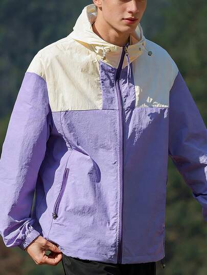 Áo khoác nam nhẹ, có mũ, khóa kéo, phối màu tương phản, thích hợp cho mùa xuân/hè.