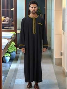 男士沙特迪拜风格黑色长袍/坎杜拉 - 中东伊斯兰斋月长袍，适合开斋节和斋月祈祷，长袖宽松阿拉伯长袍，沙特风格斋月祈祷长袍，轻便阿拉伯祈祷长袍，黑色开斋节斋月伊斯兰长袍坎杜拉 - 黑色 - 查看 7