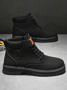 Sepatu Bot Pria, Desain Baru, Cocok untuk Semua Musim, Sol Tebal, Menambah Tinggi Badan, Tahan Aus, Anti Selip, Desain Bertali Ujung Bulat, Permukaan Kulit Retro Klasik, Sepatu Bot Kerja Bertali Tinggi dengan Sol Tebal, Cocok untuk Mahasiswa Pria, Kampus, Remaja, Serbaguna, Gaya Jalanan Retro Sederhana dan Tangguh, Aktivitas Luar Ruangan, Komuter, Mendaki, Bersepeda, Berkuda - Hitam - View 5
