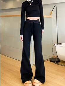 Women's Spring Autumn New High Waist Slim Flare Horseshoe Pants Sports Sweatpants - Black - View 1