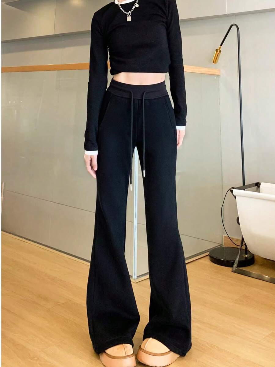 Women's Spring Autumn New High Waist Slim Flare Horseshoe Pants Sports Sweatpants - Black - View 1