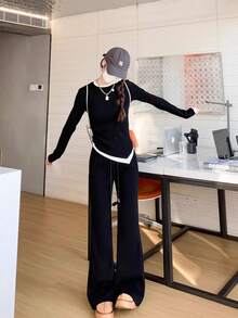 Women's Spring Autumn New High Waist Slim Flare Horseshoe Pants Sports Sweatpants - Black - View 5
