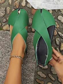 青少年春夏新款时尚透气凉鞋，交叉绑带包趾平底校园清新凉鞋，红蓝配色、红橙蓝绿配色、橙色绒面革配色、粉色绒面革配色、粉色米色 - 綠色 - 查看 1