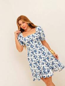 RAINBOW Women's Short Princess Floral Dress With Puff Sleeves And Elasticated Fabric - Elegant Fashion - One Size Fits 36-42 (Brazilian Sizes) - Crepe Fabric - 128-淺藍色 - 查看 3