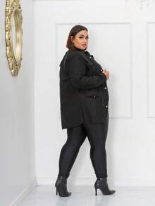 Plus Size Winter Overcoat In Bengaline Fabric With Drawstring, Zipper, And Button Closure. This Winter Parka Coat/Blouse Is Perfect For Sizes G1, G2, And G3. - màu đen - Xem 3