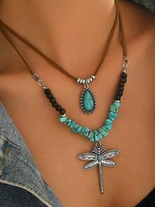 Bộ 2 mặt dây chuyền hình chuồn chuồn màu ngọc lam thời trang, kiểu dáng cao bồi miền Tây, phong cách Boho, phù hợp cho nữ giới mặc hàng ngày, dự tiệc, kỳ nghỉ hè. - Nhiều màu - Xem 1