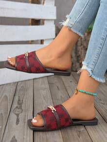 [Sandalias planas casuales] Sandalias planas casuales de verano para mujer con hebilla de cadena, punta abierta, slip-on, suela de TPR - Adecuadas para la playa - Burdeos - Ver 3