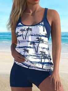 Local Delivery-New Women's Popular Tankini Two-Piece Set With European And American Hollow Out Tropical Coconut Tree Print Beach Vacation Swimsuit For Women - 湖藍色 - 查看 5