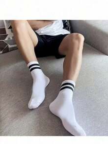 24pcs/20pcs/18pcs/15pcs/10pcs/6pcs/4pcs/2pcs/1 Pair Black & White Striped Thick Mid-Calf Socks, Comfortable Breathable Suitable For Business & Casual. Soft, Lightweight, Odor-Resistant Shark Series Sports Socks, Unisex, Warm For Autumn/Winter - Multicolor - View 2