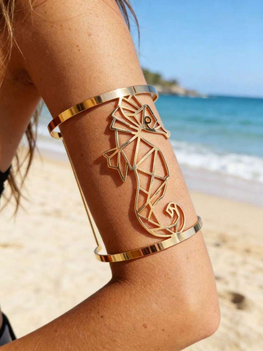 1 pieza Brazalete abierto con patrón geométrico hueco asimétrico, estilo elegante y sexy, estilo europeo y americano, nuevo diseño de caballito de mar hueco, joyería de moda para divas sexys, adecuado para fiestas, galas, vacaciones, todo el año, regalo festivo - Dorado - Ver 1