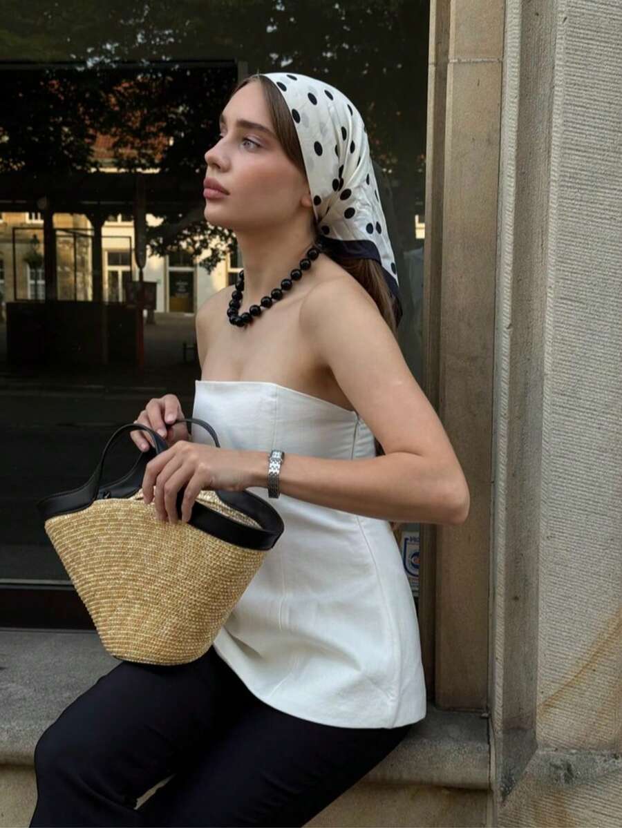 1 chiếc khăn quàng cổ họa tiết chấm bi đen trắng, khăn trùm đầu bằng satin kiểu retro, khăn bandana cổ điển đa năng, khăn quàng cổ nữ mùa xuân/thu mới, phù hợp cho mọi mùa. - trắng - Xem 1