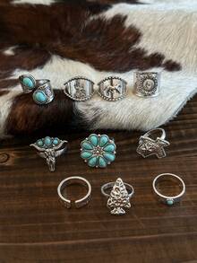 Set de 10 anillos vintage con turquesa falsa, anillos con diseño de cabeza de toro y árbol tallado en óvalo de turquesa falsa para mujeres - Plateado - Ver 3