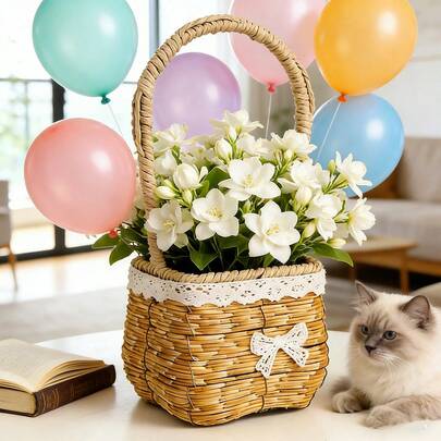 1 Giỏ hoa cầm tay giả mây, đan thủ công, trang trí phòng khách, dùng trong cửa hàng hoa, chụp ảnh lưu niệm, kiểu dáng đồng quê.