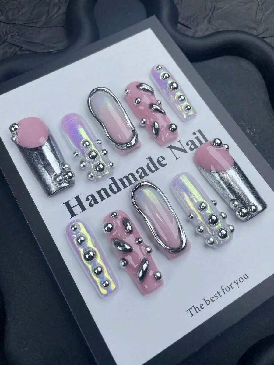 10pcs Cute Pink Rectangular Acrylic Nail Art Set, With 3D Decor, Y2K Gold Nail Line Art Design, Punk Glossy French Manicure Stickers, Nail Supplies, Shiny False Nails, Suitable For Women & Girls To Wear On Wedding Day - 黑色 - 查看 1