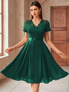 MIUSOL Elegant V-Neck Floral Lace Pleated Hem Chiffon Swing Dress, Suitable For Wedding Guest, Graduation Party, Events Summer - Dark Green - View 4
