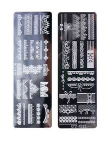 2件套优雅蕾丝美甲印花模板，蕾丝蝴蝶结花朵图案美甲烫印板，DIY美甲沙龙配件，美甲印花板，美甲工具 - 銀色 - 查看 11