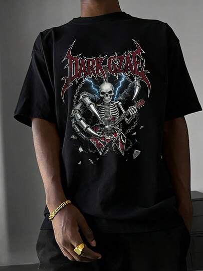男士极简机械骷髅印花圆领短袖T恤，夏季