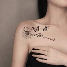 1张可水洗高品质线条纹身贴纸，精细点状+动感组合，防水不褪色雏菊蝴蝶英文组合临时纹身 - 黑色 - 查看 4