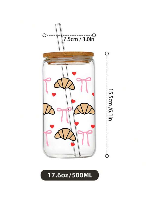 1pc Heart & Bow Printed Glass Cup With Bamboo Lid & Straw, Holiday Gift, Reusable Coffee/Tea Cup, Lightweight, Ideal Gift For Girlfriend