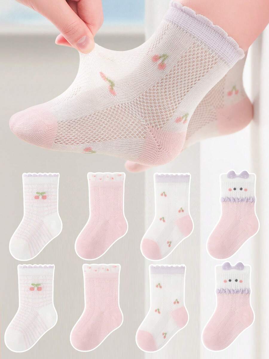 4 đôi tất trẻ em, thiết kế nơ hồng hoạt hình, tất dài đến bắp chân hình quả anh đào dễ thương cho bé gái, đa năng cho mặc hàng ngày. - Nhiều màu - Xem 1