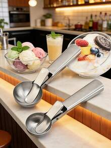1pc Stainless Steel Ice Cream Scoop,Can Be Used As Ice Cream Scoon,Melon Baller,Multi-Function Ice Cream Spoon,Fruit Ice Cream Spoon,Perfect For Frozen Yogurt,Multi-Functional Ice Cream Scoop,Stainless Steel Double Use Scoop,Non-Stick Ice Cream Scoop - Multicolor - View 2