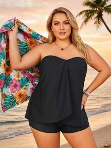 2026 Elegant Bandeau Tankini For Plus Size - Black Flowy Peplum Top, Modest Shorts, Comfortable Beach Vacation Swimwear - màu đen - Xem 4