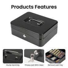 10 Inch Black Metal Cash Box, Lockable Money Organizer With Coin Tray - Portable - View 6