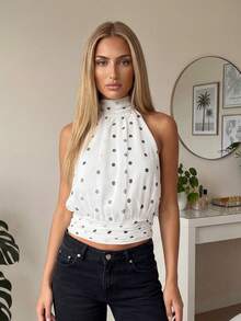 Womens Summer Halter Tank Tops Fashionable Solid Color/Dot Print Backless Going Out Vest - Blanco - Ver 3