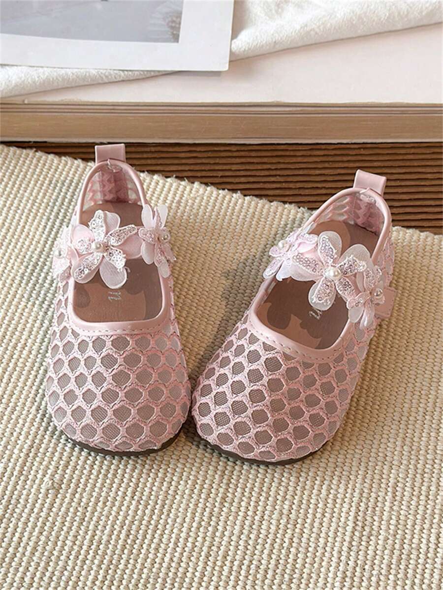 1 par de zapatos planos para bebé y niño pequeño con diseño de perlas y almohadilla de masaje, de malla rosa, suaves y antideslizantes, aptos para primavera, verano, otoño e invierno - Rosa - Ver 1