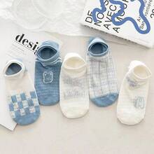 5 pares de calcetines casuales blancos tipo náutico para mujer, diseño delgado antideslizante, calcetines de estilo estudiantil con lindos dibujos animados tipo Ins - Multicolor - Ver 2