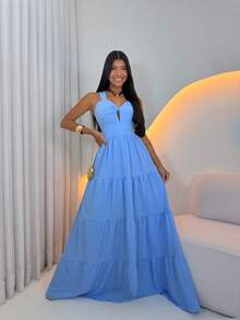 Women's Long Dress With Butterfly Knot - 淺藍色 - 查看 4