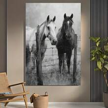 Póster plano 2D, 1 pieza, de caballo vintage en blanco y - Arte de pared de dos caballos con cerca, apto para interior/exterior, pintura duradera en lienzo sin marco para decoración de cafetería, oficina - Cuadro minimalista de caballo, regalo para amantes de los caballos, decoración de habitación - Enmarcado - Ver 5
