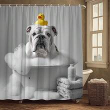 2D Flat  1pc A Bulldog-Themed Shower Curtain Featuring A Duck, Perfect For Adorning Your Bathroom. This Cute English Bulldog Design Is Made From Polyester Fabric, Measuring 70.8 By 70.8 Inches, And Comes With 12 Hooks. It'S Machine Washable - Only 1pc Shower Curtain - View 7