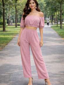 Set de dos piezas Ligero delgado Pantalón y blusa ombliguera de moda para mujer casual de uso diario de moda top corto unicolor para vacaciones - Rosa - Ver 5