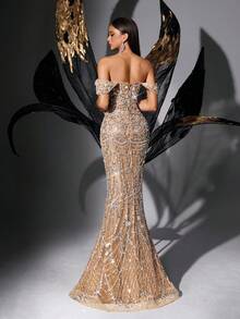 Stunning Beads Sequins Stitching Evening Gown Sequin Formal Dress For Party, Prom, Dinner, Galas Women Strapless Sleeveless Mermaid Hem Maxi Dresses Wedding Spring - Champagne - View 3