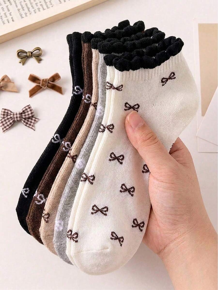 1/5 Pairs Women Breathable Cute Bow Pattern Casual Short Socks, Suitable For Daily Wear And Outings, All Seasons - Multicolor - View 1