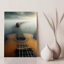 1Pc Framed Canvas Painting, Dream Of Train And Guitar In The Mist, Thickness 2.25cm/1inch High Quality Wall Art Print Poster Direct Hanging Home Decor Gifts, Living Room, Bathroom, Bedroom, Kitchen, Bar, Office, Room Decor - 多色 - 查看 6