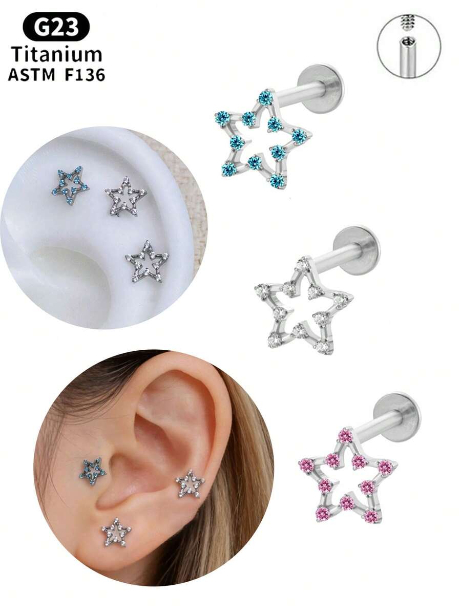 1 chiếc khuyên tai bằng titan ASTM F136 có ren trong, mặt phẳng, kích thước 5A, hình ngôi sao rỗng nhỏ đính đá Cubic Zirconia, trang sức xỏ khuyên tai bằng titan G23 cho vùng sụn tai, vành tai, xoắn ốc, mũi, môi, phù hợp cho cả nam và nữ.