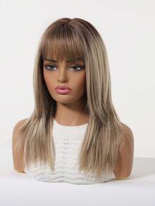 Ombre Brown Fashionable 16-Inch Figure-Eight Bangs Medium Long Straight Hair Synthetic Wigs: Natural-Looking And Heat Resistant For Party Cosplay Daily Use - Brown Ombre - View 6
