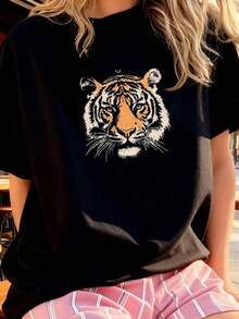 Camisetas Gráficas Talla Grande Vintage con Estampado de Tigre Retro 100% Algodón - Negro 4 - Ver 3