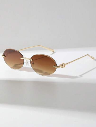 1 Pair Women's Oval Metal Frameless Chic Versatile Fashionable Fashion Glasses, Suitable For Outdoor, Beach, Vacation