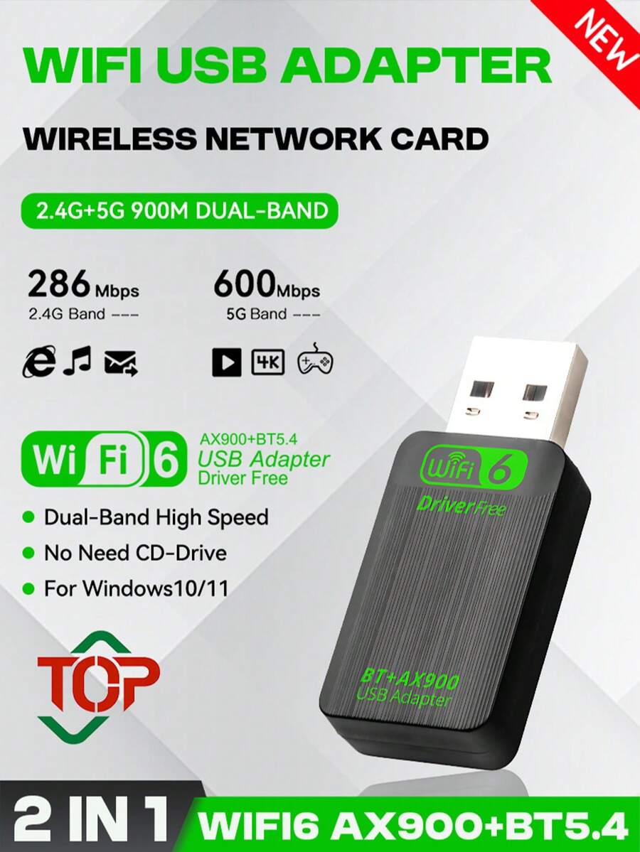 KZ AX900 USB WiFi6 Bluetooth 5.4 2-In-1 Adapter, Dual-Band 2.4G & 5G WiFi Network Card, Wireless Receiver Compatible With Win10/11, Plug And Play - Black - View 1