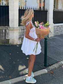 Women's Cute White Spaghetti Strap Mini Doll Dress, Sleeveless Flared Hem Twist Strap Fabric Sweet Dress For Summer Elegant - White - View 5