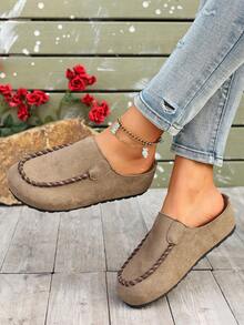 Retro Suede Slip-On Mule Slippers, Casual Loafers For Indoor, Outdoor & Daily Wear - Light Khaki - View 5