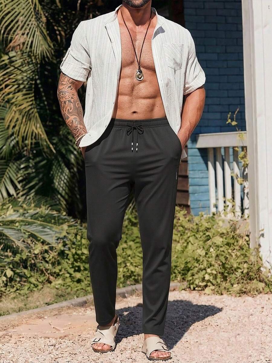 1pc Men's Casual Drawstring Waist Pocket Long Pants, Summer - Black - View 1