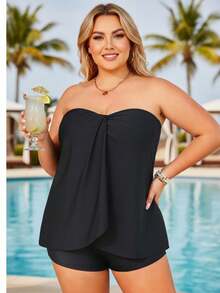 2026 Elegant Bandeau Tankini For Plus Size - Black Flowy Peplum Top, Modest Shorts, Comfortable Beach Vacation Swimwear - màu đen - Xem 5
