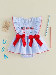 Baby Girl 4th Of July Outfit American Flag Bubble Romper Short Sleeve Patriotic  Fourth Of July Outfit Baby Girl 4th Of July Outfits Newborn Smocked Bubble Romper Bodysuit Ruffle American Flag Memorial Day Outfit - Màu xanh lam - Xem 6